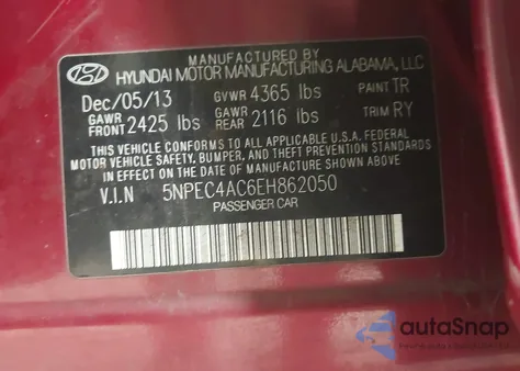 2014 Hyundai Sonata Se z USA, uszkodzony, nr VIN 5NPEC4AC6EH862050